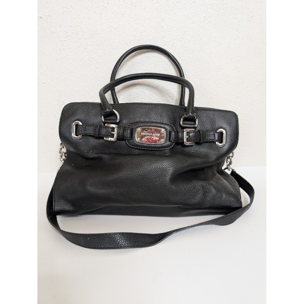 Michael Kors Hamilton Black Leather Shoulder Bag Silver Y2k Large Buckle Detail‎